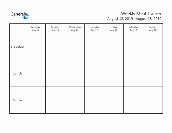 Weekly Printable Meal Tracker for August 2019