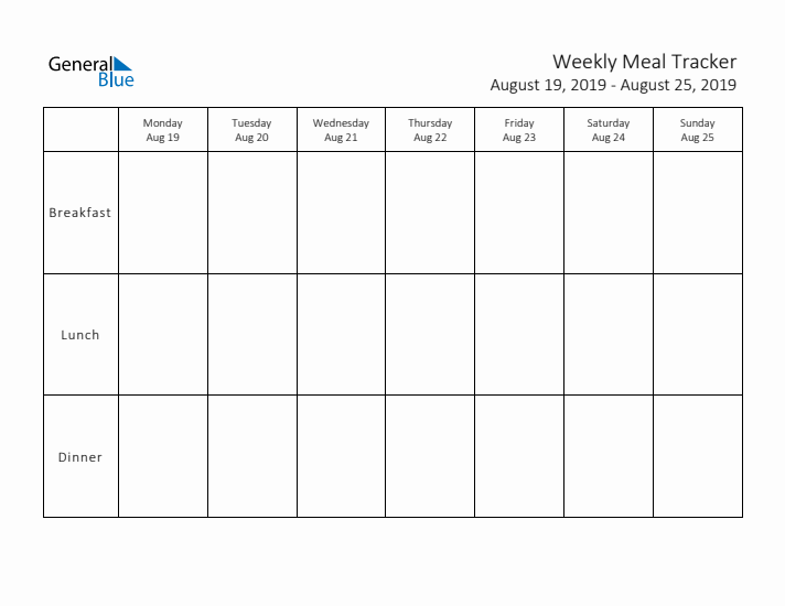 Weekly Printable Meal Tracker for August 2019