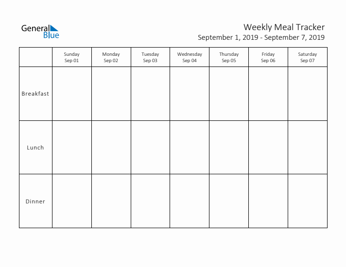 Weekly Printable Meal Tracker for September 2019