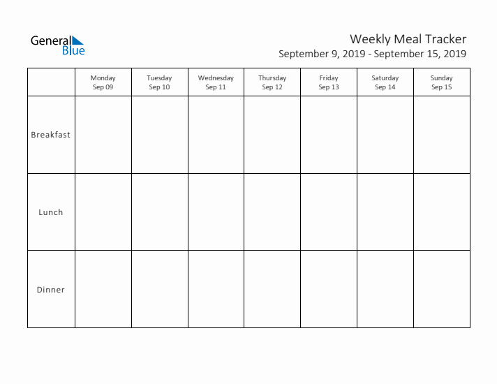 Weekly Printable Meal Tracker for September 2019