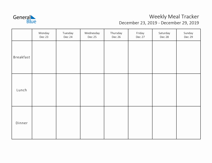 Weekly Printable Meal Tracker for December 2019