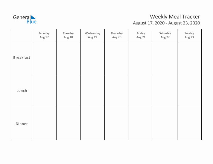 Weekly Printable Meal Tracker for August 2020