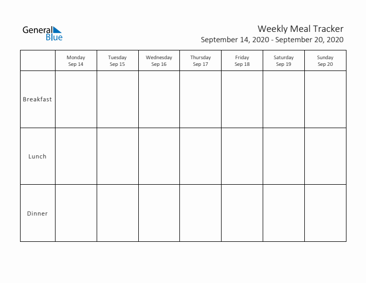 Weekly Printable Meal Tracker for September 2020