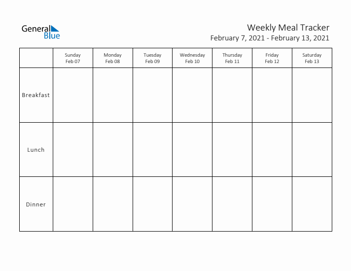 Weekly Printable Meal Tracker for February 2021