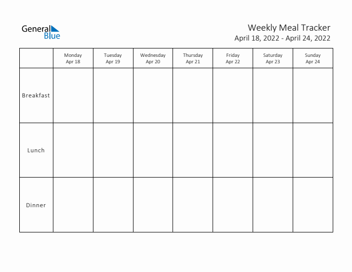 Weekly Printable Meal Tracker for April 2022