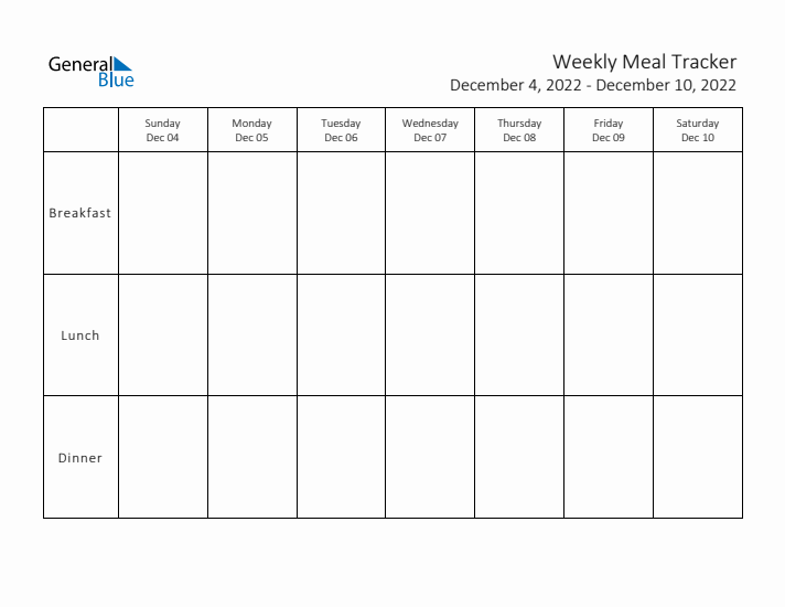 Weekly Printable Meal Tracker for December 2022