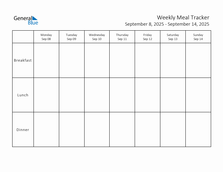 Weekly Printable Meal Tracker for September 2025