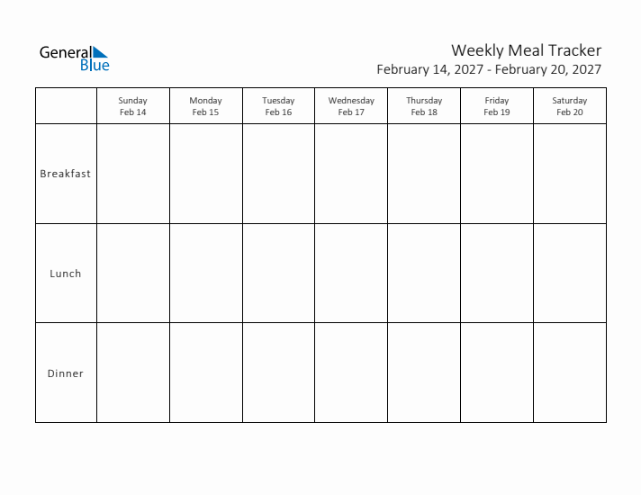 Weekly Printable Meal Tracker for February 2027