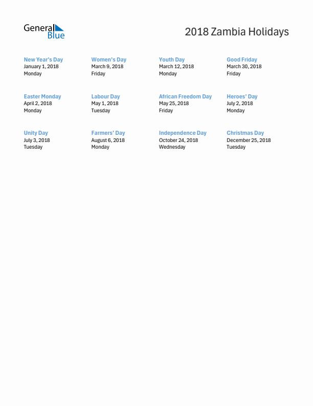 Free printable list of Zambia holidays for year 2018