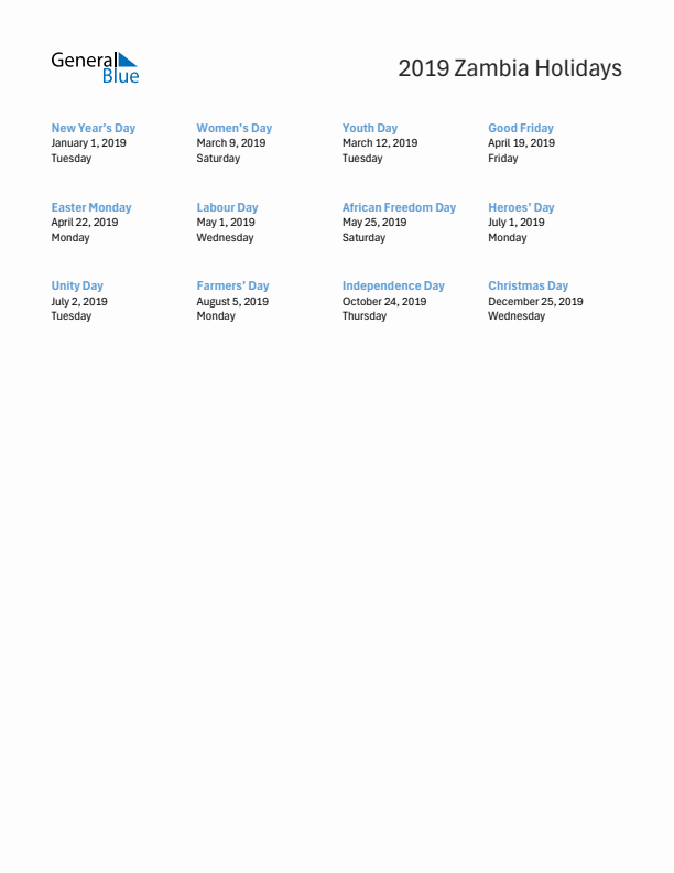 Free printable list of Zambia holidays for year 2019