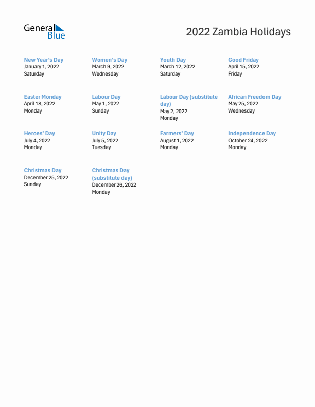 Free printable list of Zambia holidays for year 2022