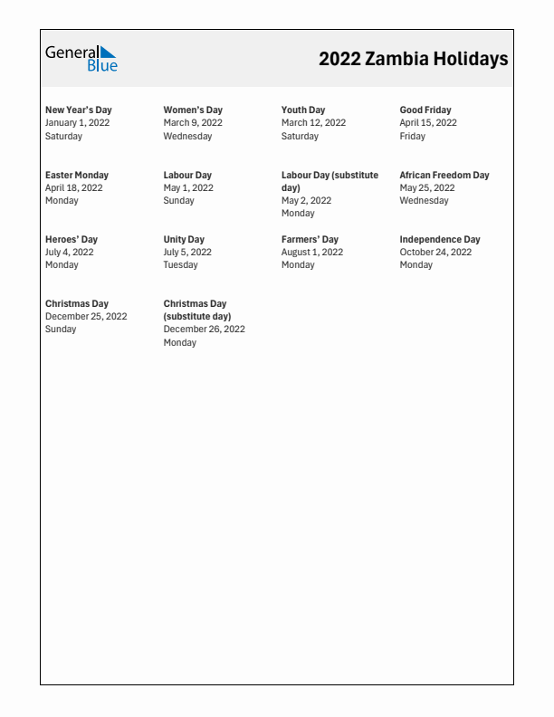 Free printable list of Zambia holidays for year 2022