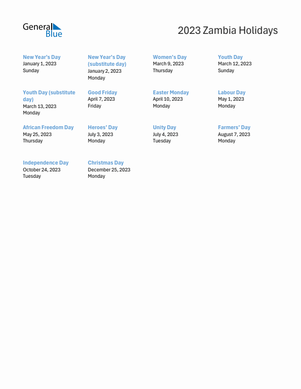 Free printable list of Zambia holidays for year 2023