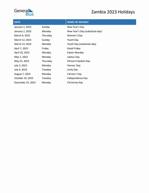 Free printable list of Zambia holidays for year 2023