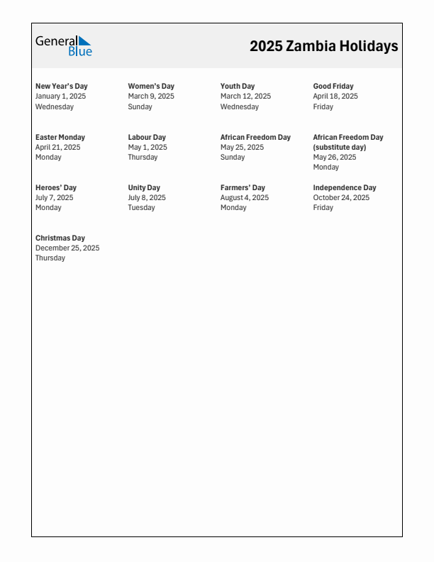 Free printable list of Zambia holidays for year 2025