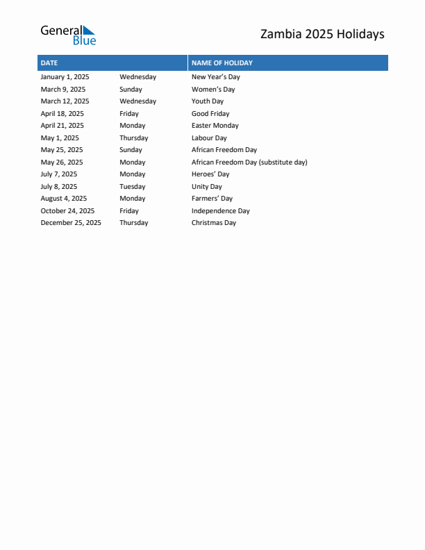 Free printable list of Zambia holidays for year 2025