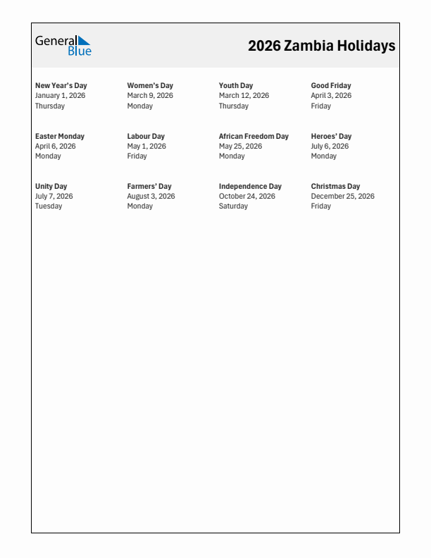 Free printable list of Zambia holidays for year 2026