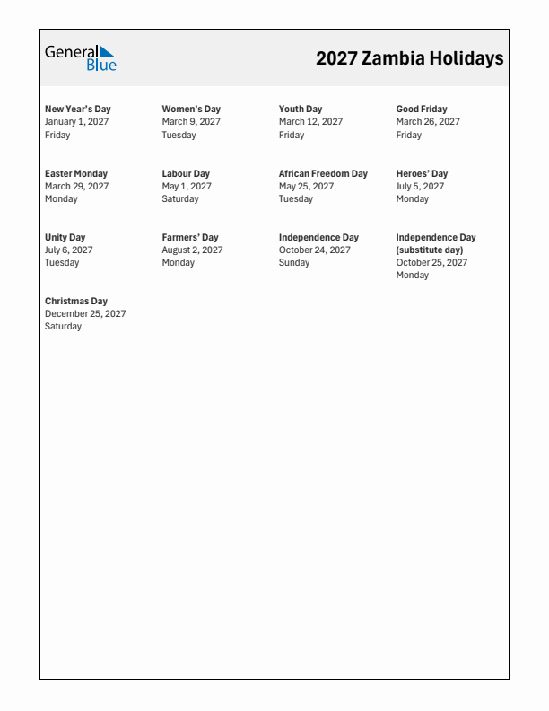 Free printable list of Zambia holidays for year 2027