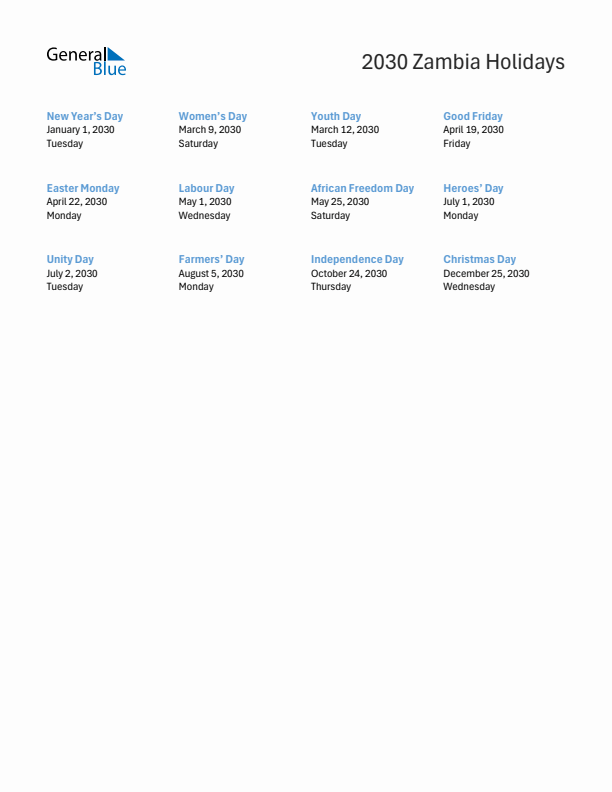 Free printable list of Zambia holidays for year 2030