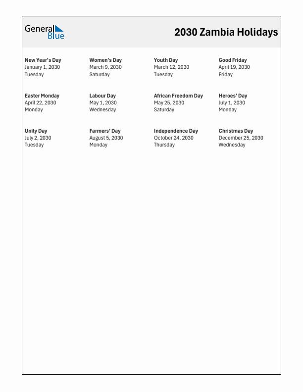 Free printable list of Zambia holidays for year 2030