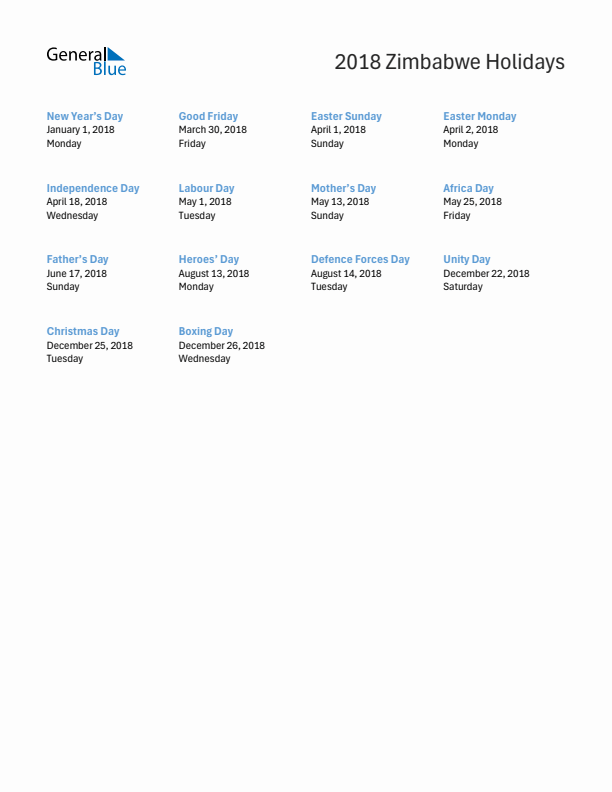 Free printable list of Zimbabwe holidays for year 2018