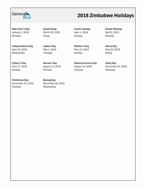 Free printable list of Zimbabwe holidays for year 2018