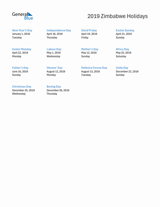 Free printable list of Zimbabwe holidays for year 2019