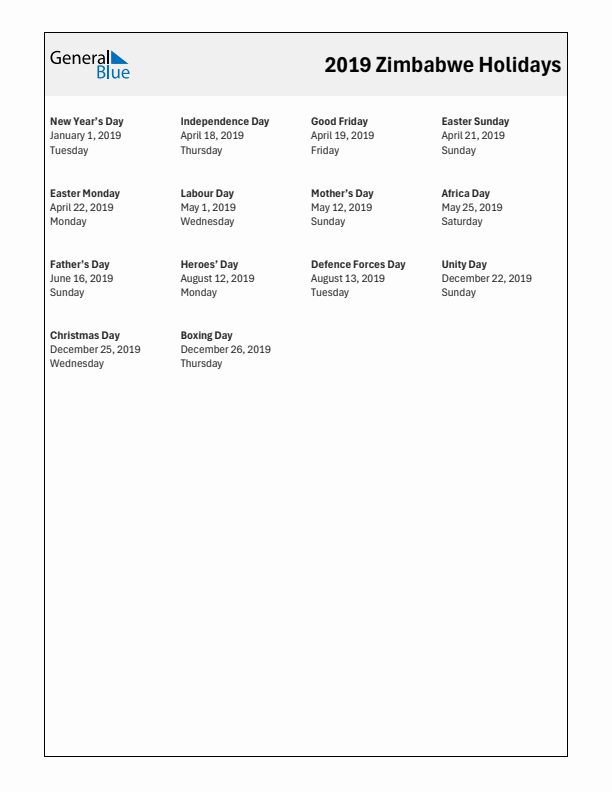 Free printable list of Zimbabwe holidays for year 2019