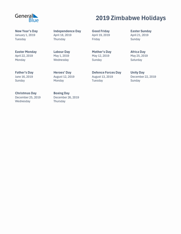 Free printable list of Zimbabwe holidays for year 2019