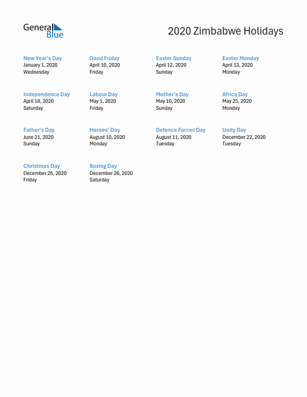 Free printable list of Zimbabwe holidays for year 2020
