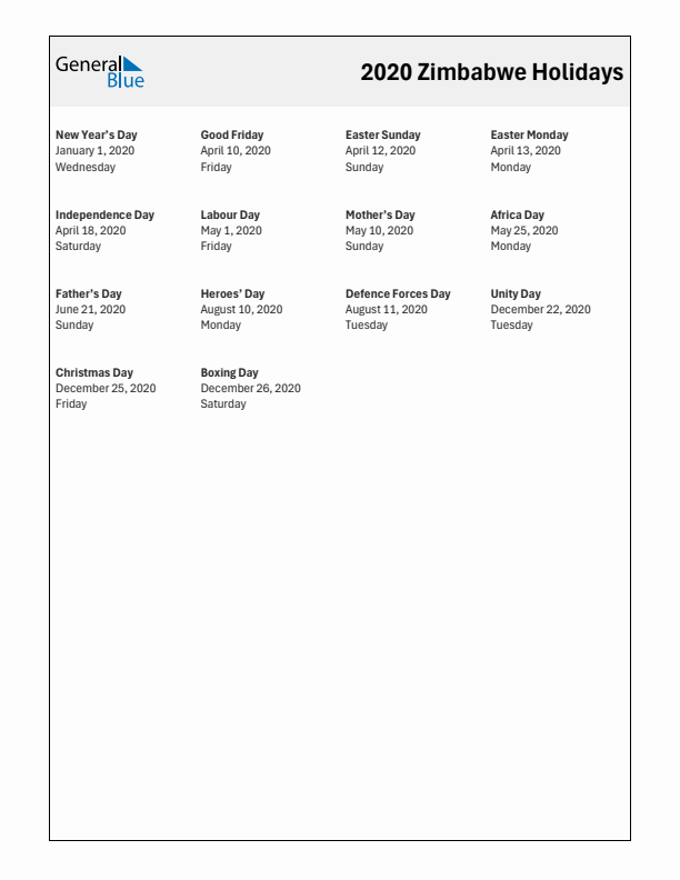 Free printable list of Zimbabwe holidays for year 2020