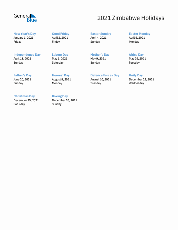 Free printable list of Zimbabwe holidays for year 2021