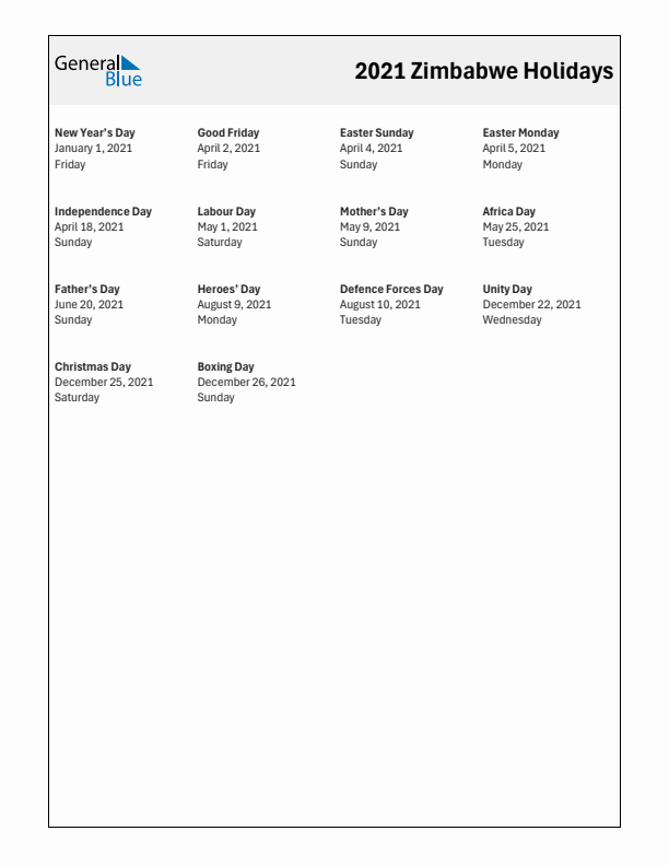 Free printable list of Zimbabwe holidays for year 2021