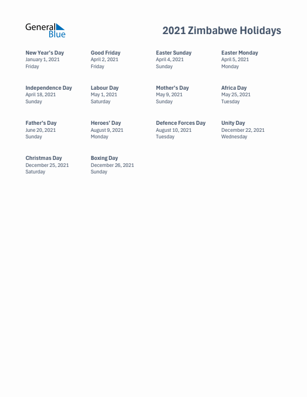 Free printable list of Zimbabwe holidays for year 2021