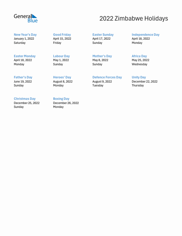 Free printable list of Zimbabwe holidays for year 2022