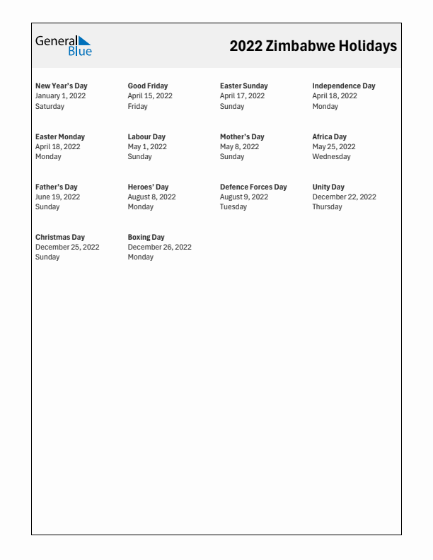 Free printable list of Zimbabwe holidays for year 2022