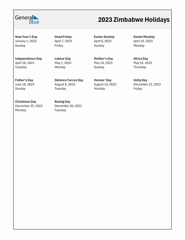 Free printable list of Zimbabwe holidays for year 2023