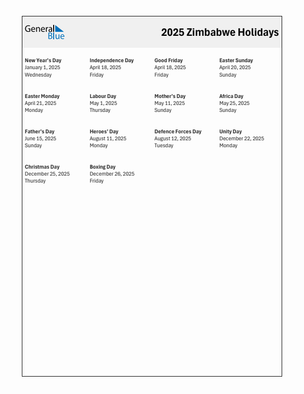 Free printable list of Zimbabwe holidays for year 2025