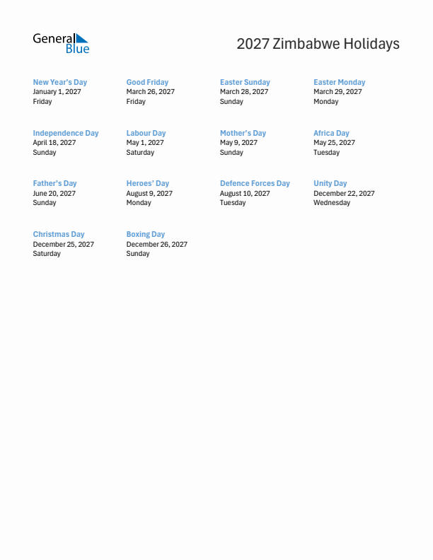Free printable list of Zimbabwe holidays for year 2027