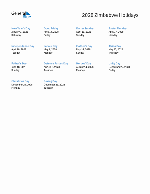 Free printable list of Zimbabwe holidays for year 2028
