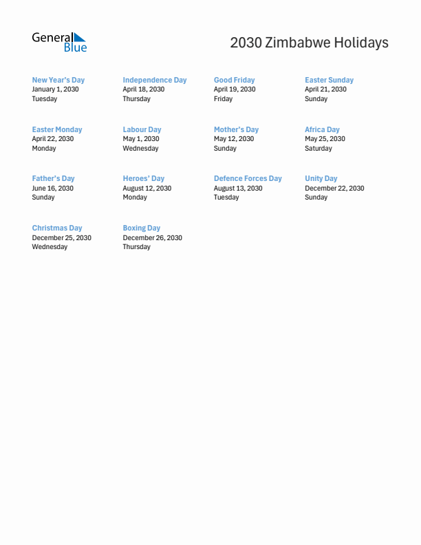 Free printable list of Zimbabwe holidays for year 2030