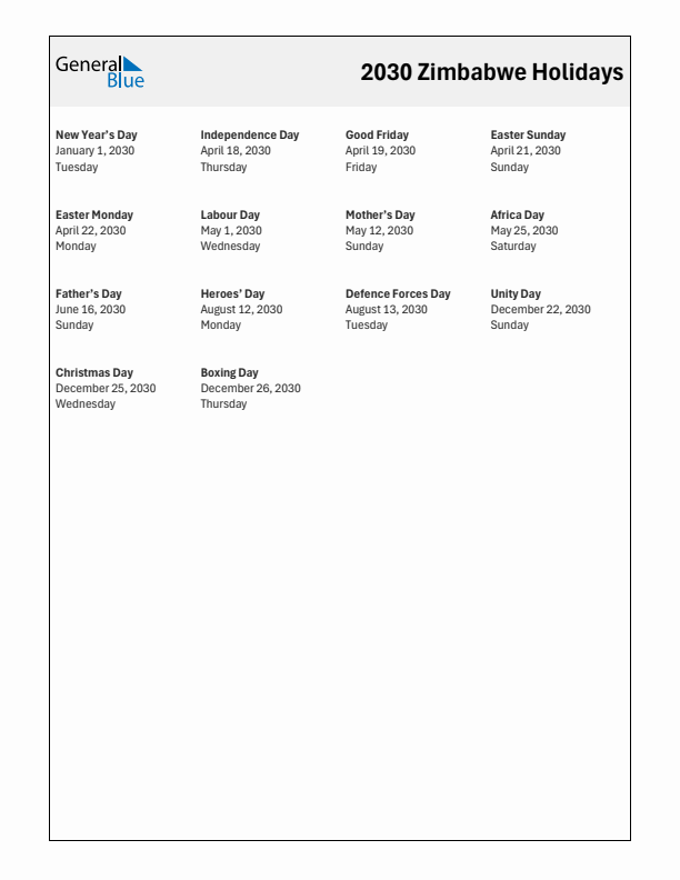 Free printable list of Zimbabwe holidays for year 2030