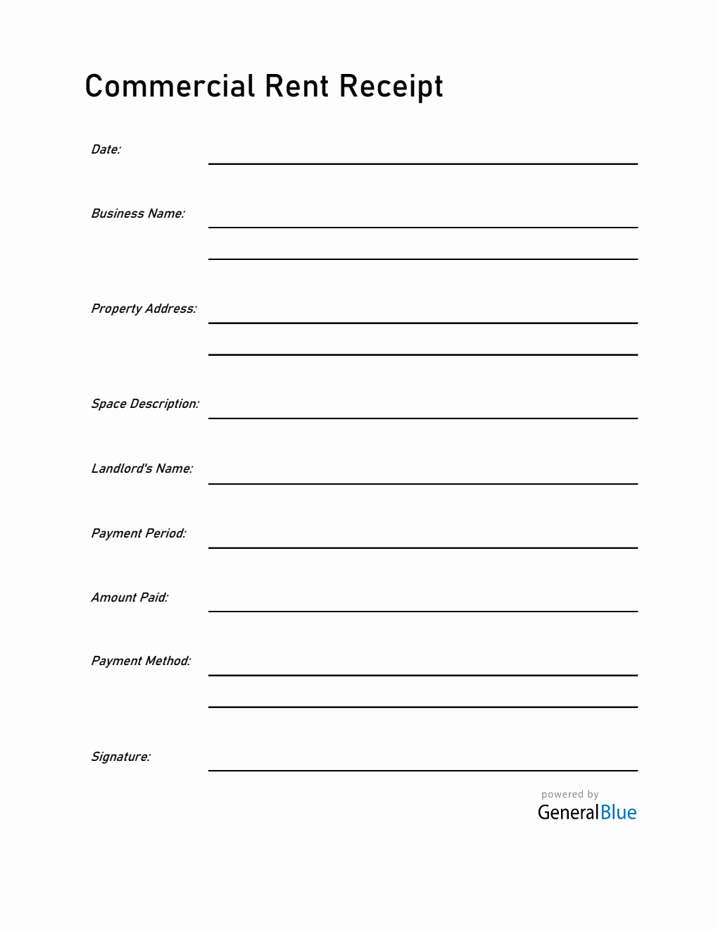 Editable Commercial Rent Receipt Template in Excel