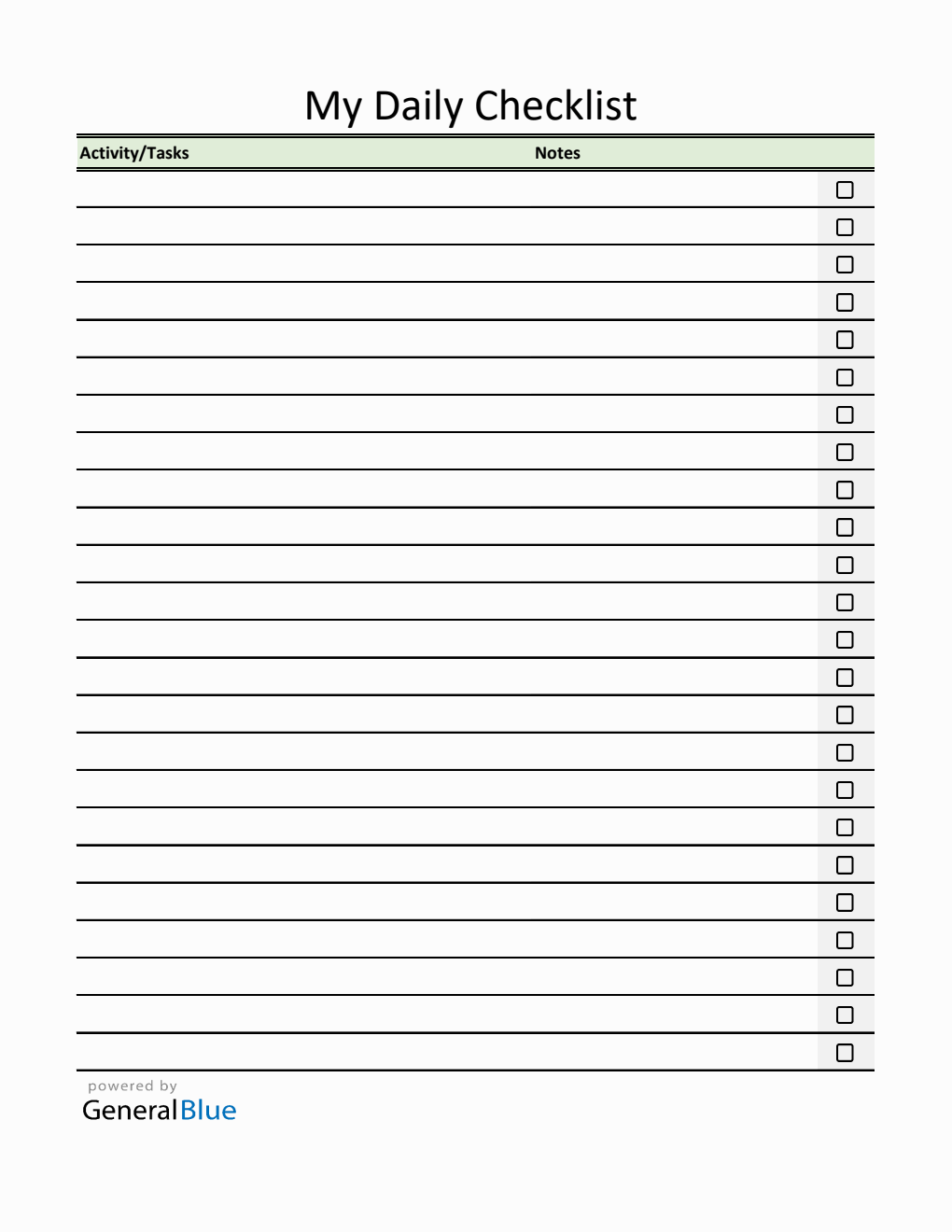 Free Daily Checklist Template (Standard) in Excel Format