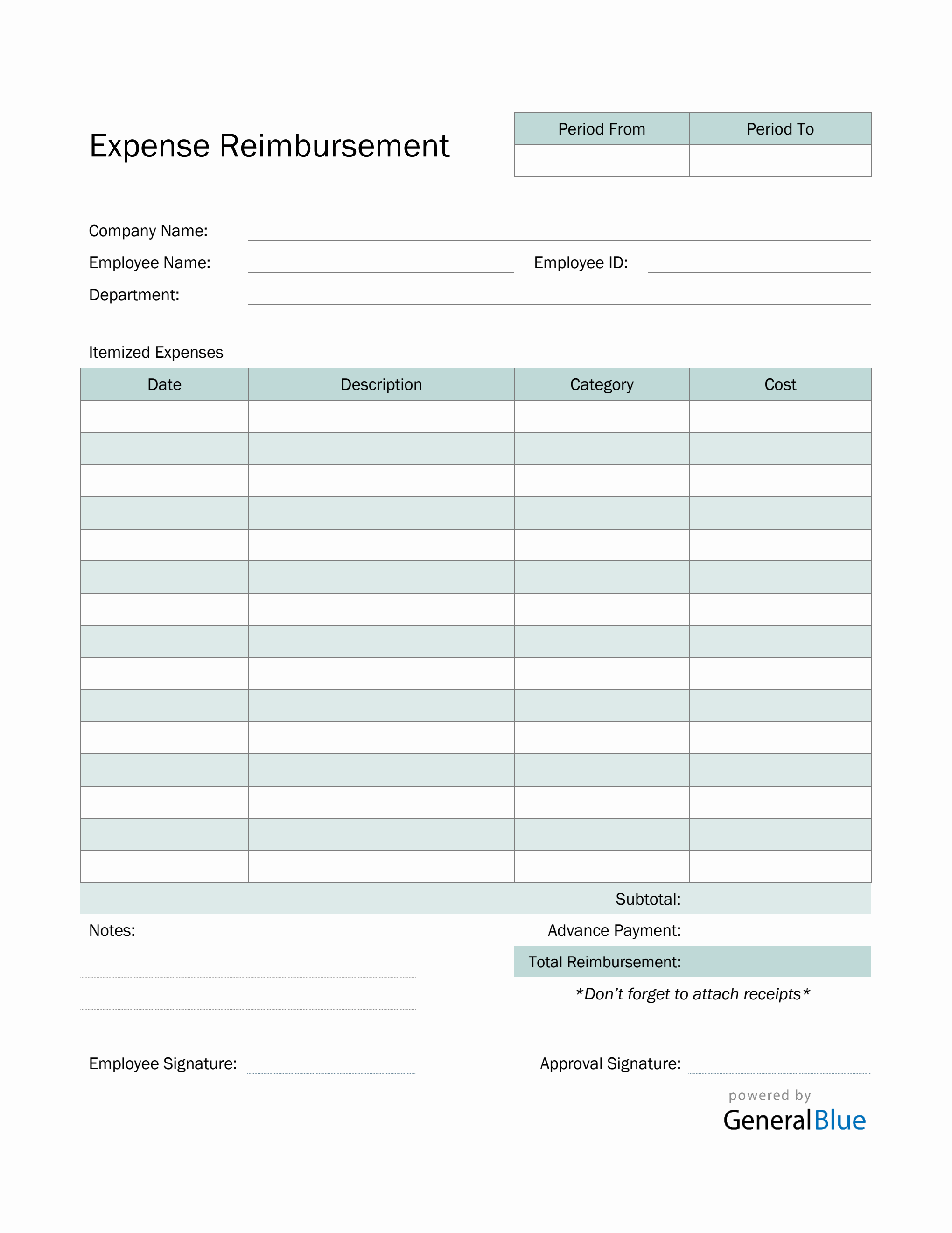 Printable Template Reimbursement Form