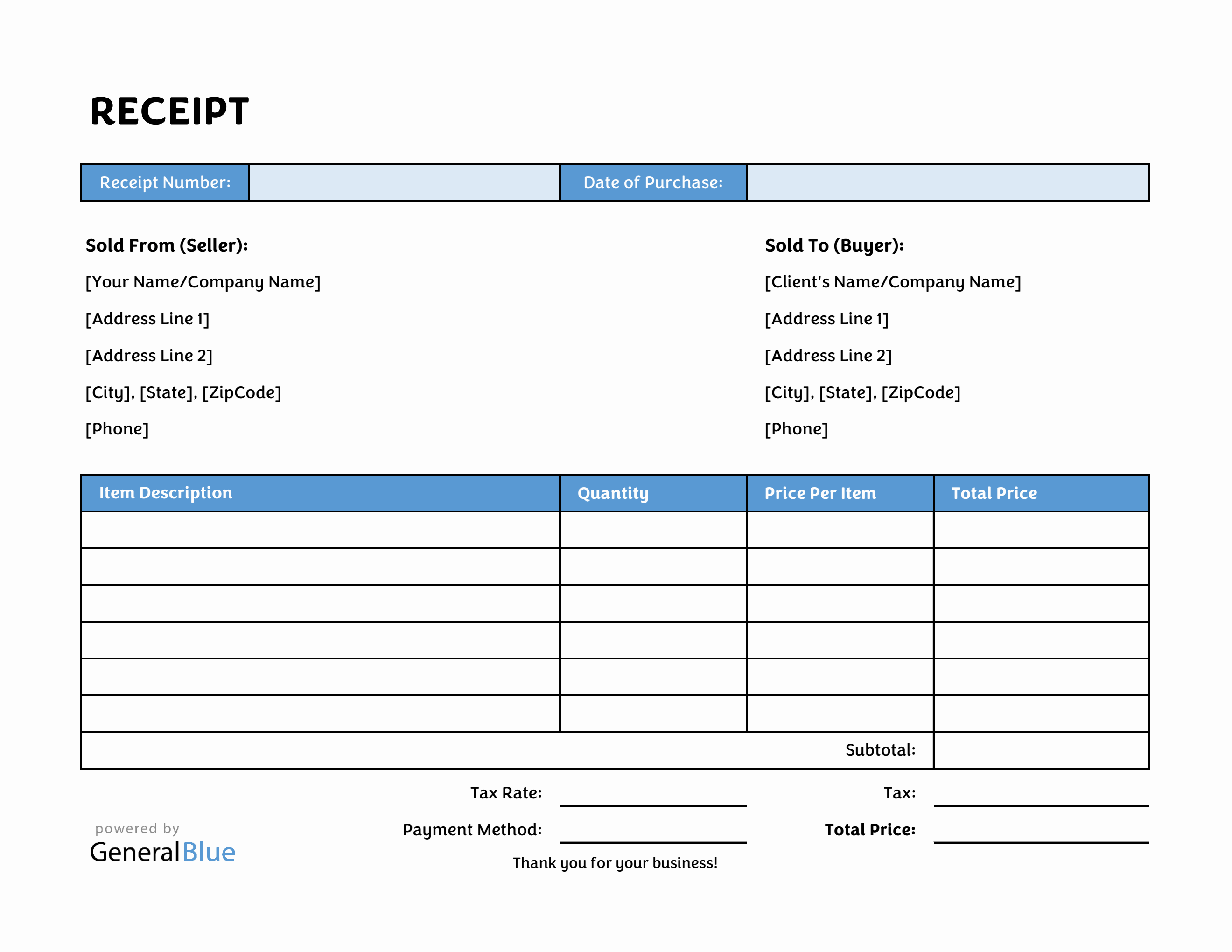 Free Receipt Template in Excel (Blue)