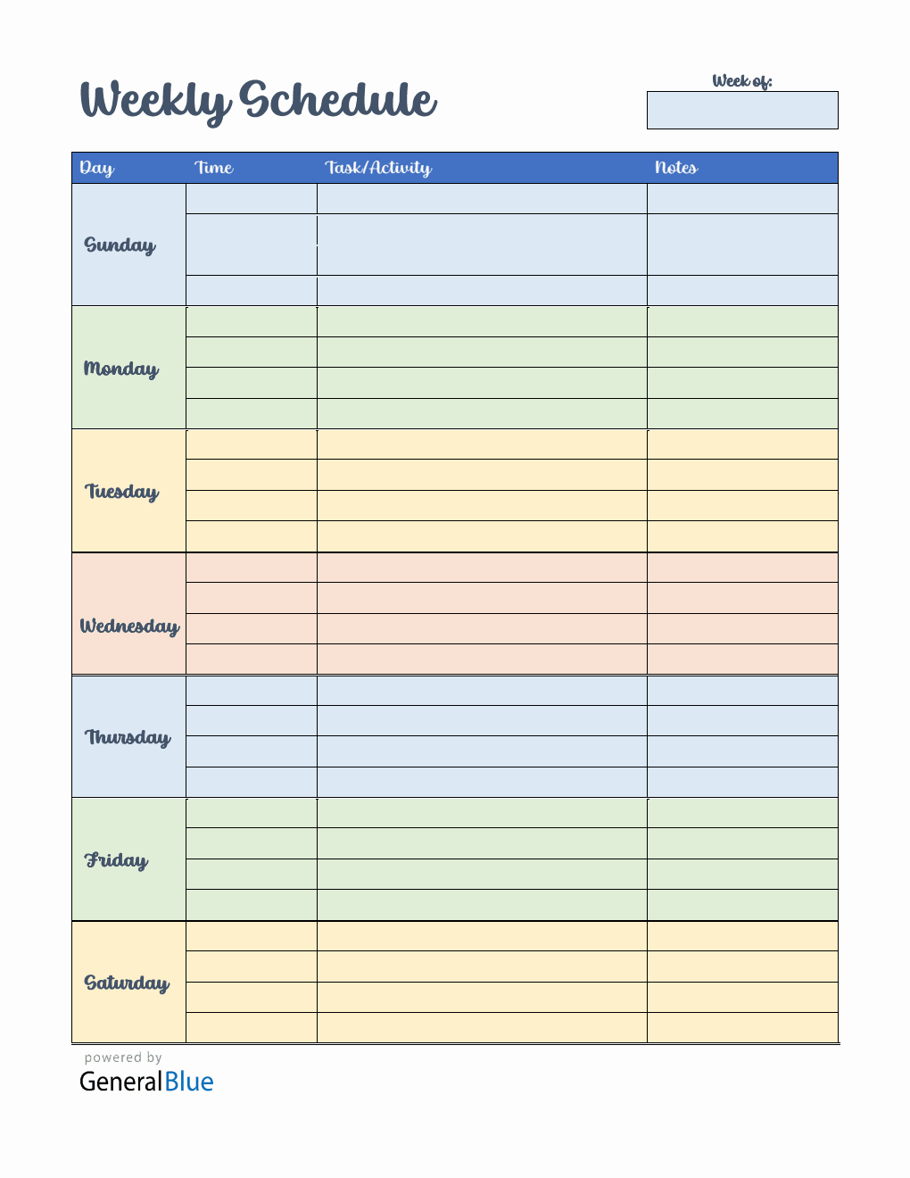 Free Weekly Schedule Template  in Word (Colorful)