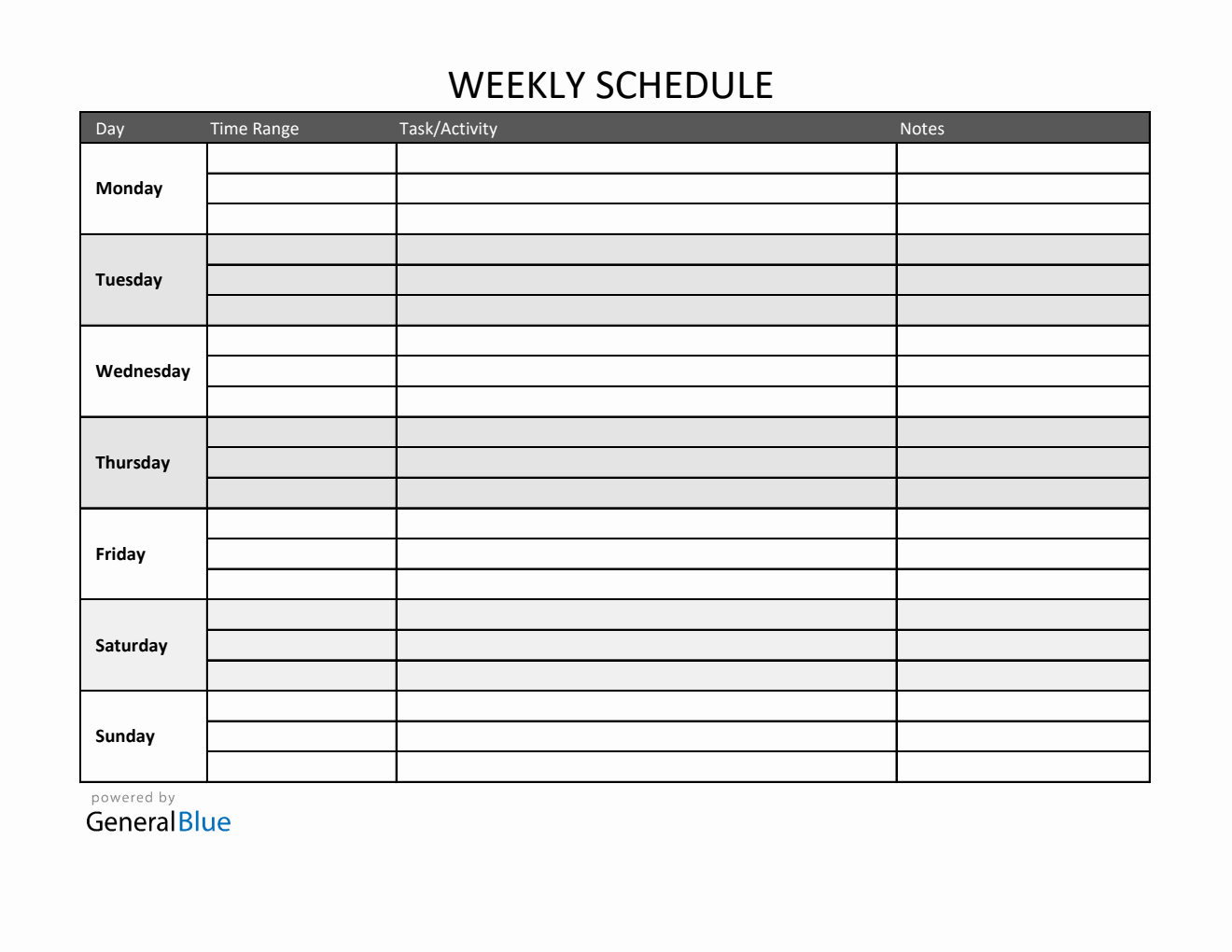 Free Weekly Schedule Template  in Excel (Striped)