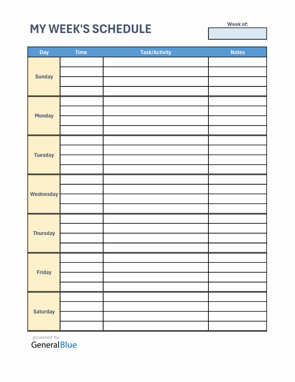 Free Weekly Schedule Template  in Excel (Basic)