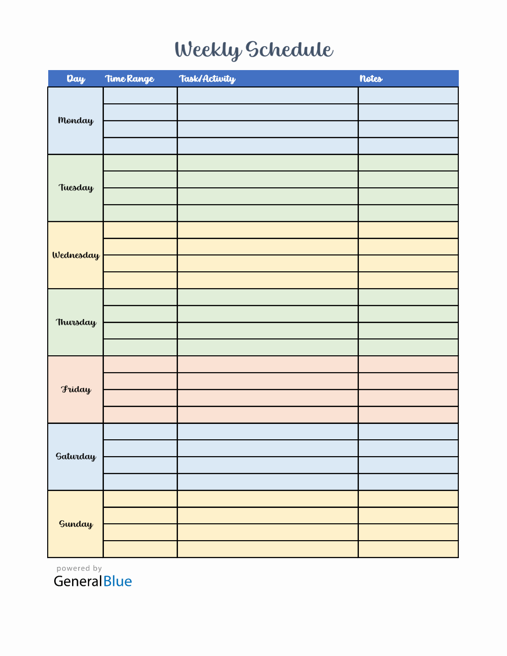 Free Weekly Schedule Template  in Excel (Colorful)